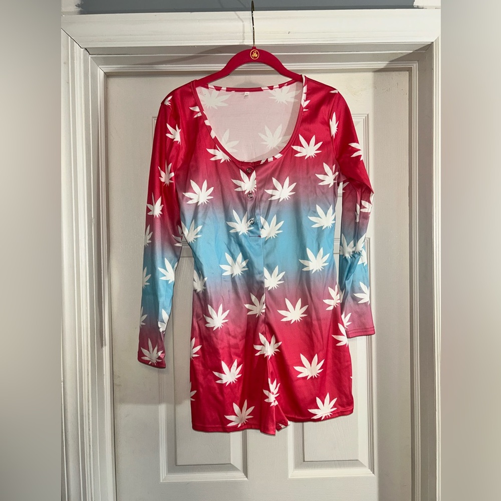 Women's Pink and Blue Leaf Print Onesie Pajama
